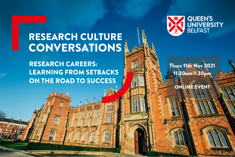 'Research Culture Conversations' overlaid on image of QUB Lanyon Building facade