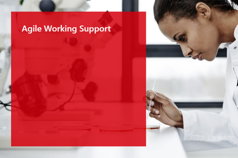 'Agile Working Support' text alongside an image of a black female scientist in a white lab coat putting samples on a petri dish