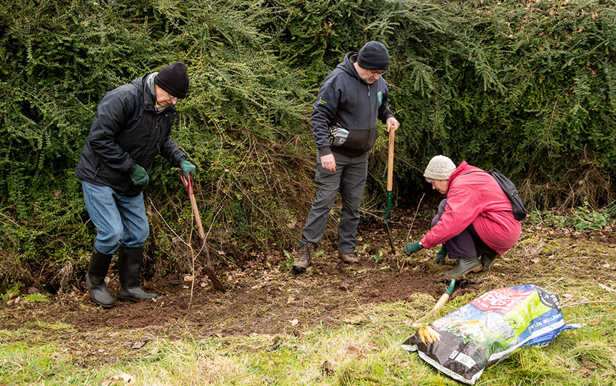 three volunteers tree planting at Elms Village