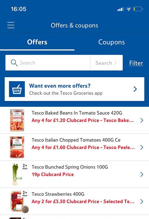 Tesco app showing savings