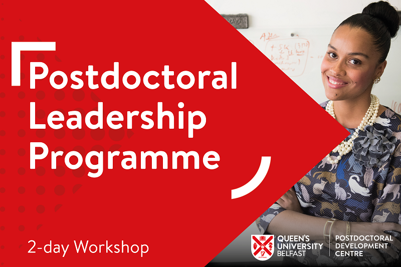 Postdoctoral Leadership Programme text beside image of smiling young black woman wearing cat-print dress and necklace