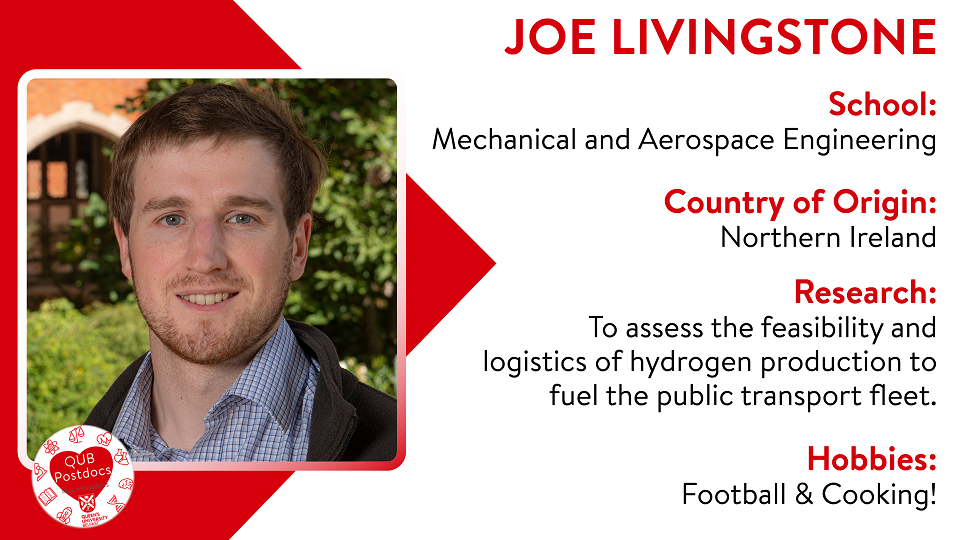 Joe Livingstone. School of Mechanical and Aerospace Engineering, From UK. Research: To investigate the environmental and economic costs of hydrogen production for use in public transportation. Hobbies: Football and cooking.