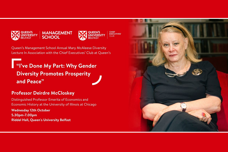 Annual Mary McAleese Diversity Lecture 2022, with image of guest speaker Professor Deirdre McCloskey