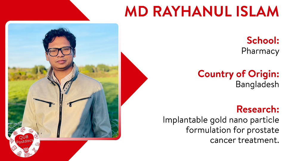 Md Rayhanul Islam. School of Pharmacy. From Bangladesh. Research: Implantable gold nano particle formulation for prostate cancer treatment.