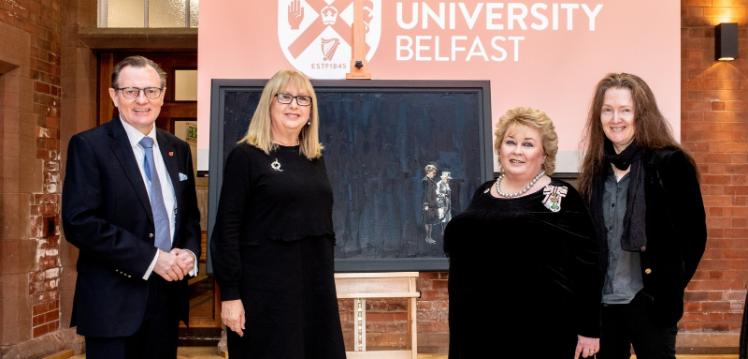 Vice-Chancellor with Mary McAleese, Lord Lieutenant Dame Fionnuala Jay-O'Boyle and artist Michelle Rogers at the unveiling of the portrait of HRH and McAleese by Rogers