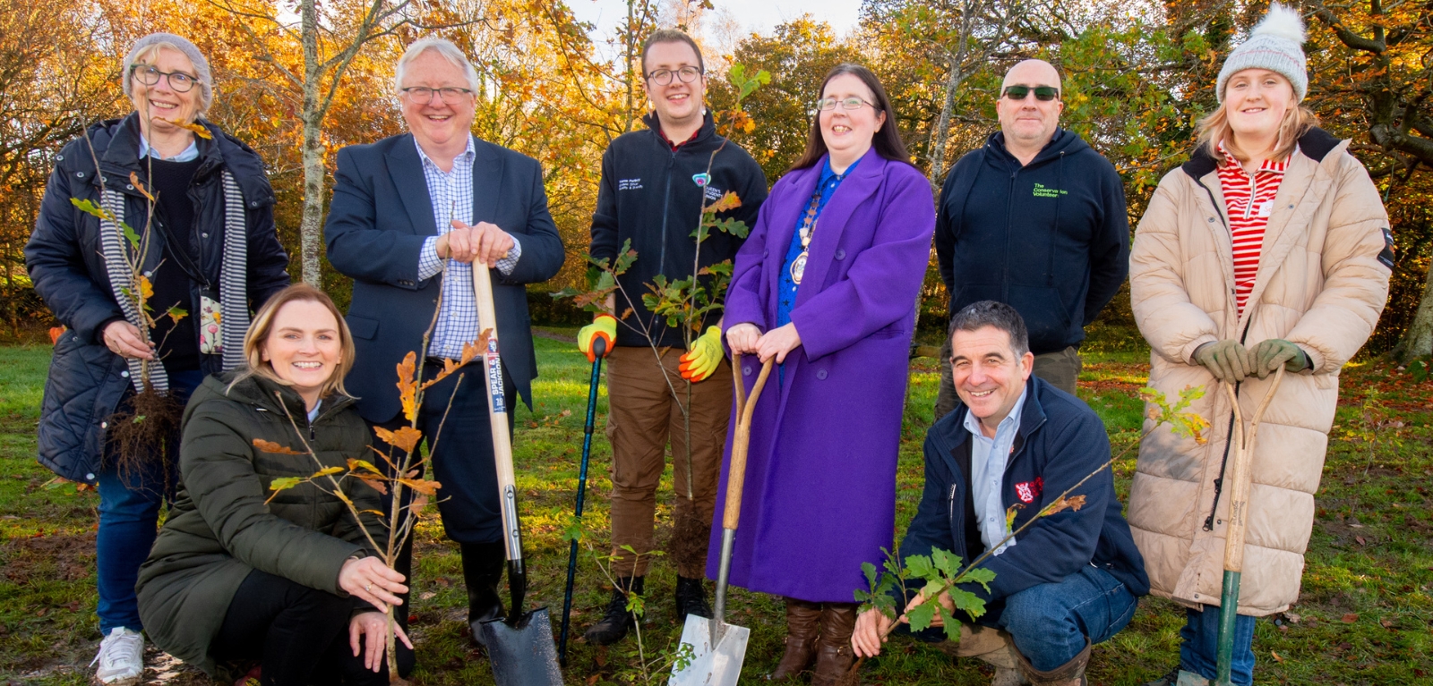 Belfast Deputy Lord Mayor with Queen's staff, students and local residents at the tree planting at Malone Playing Fields, November 2022