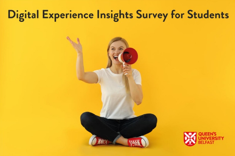 Digital Experience Insights Survey for Students 2022 - image shows young female sitting in yoga pose talking into a megaphone