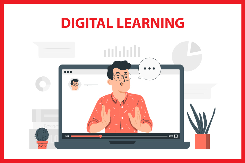 digital learning graphic representing man talking on a laptop