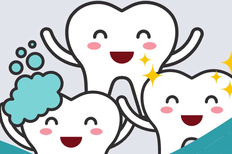 cartoon graphic showing smiling teeth with arms raised