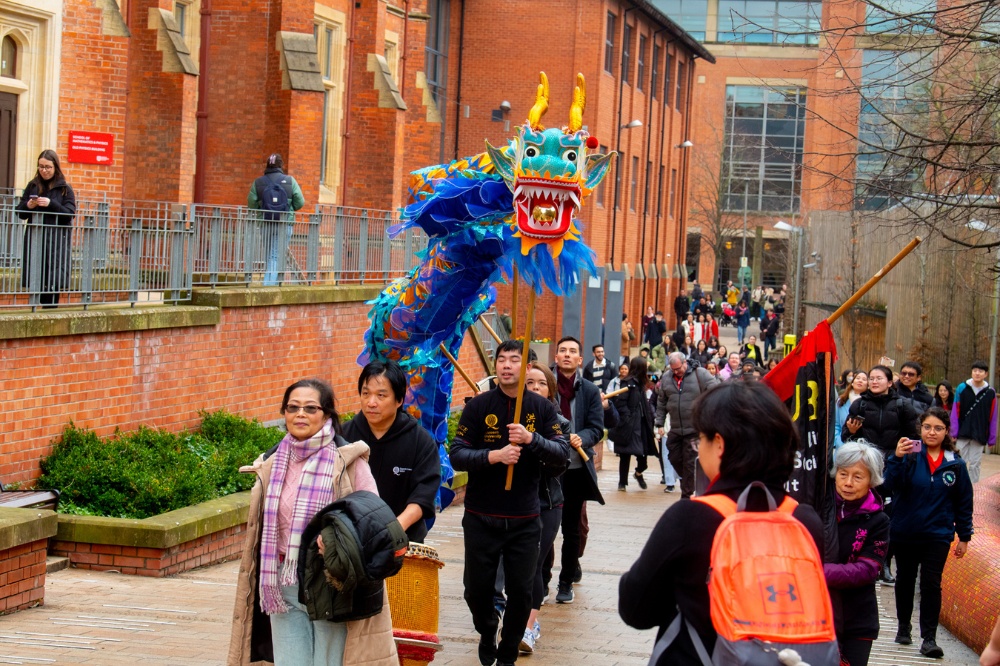 Dragon Dance parade outside Lanyon South, QUB Chinese New Year celebrations 2023