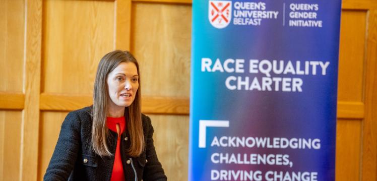 Professor Karen McCloskey speaking at Queen's Race Equality Reverse Mentoring Pilot celebration event, 2023