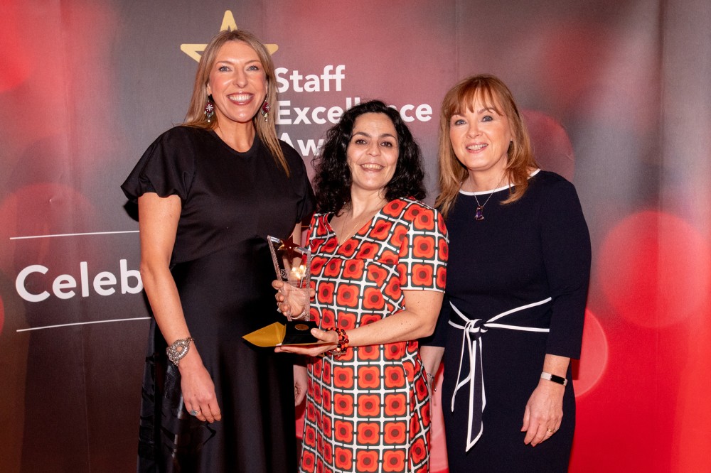 Véronique Altglas - Leading by Example Award winner, with compere Alexandra Ford and Mairead Regan, Chair of the Staff Excellence Awards Judging Panel