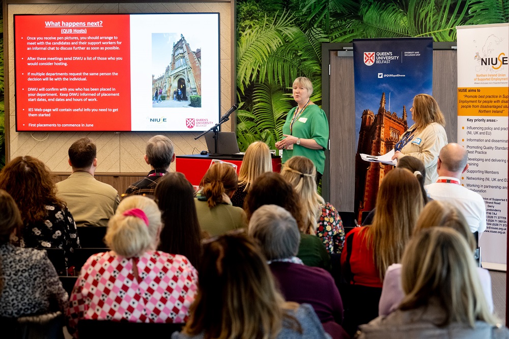 Leeann Matchett speaking at the launch of Queen's Inclusive Employment Scheme 2023