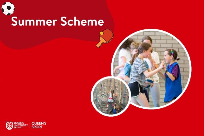 Queen's Sport Summer Scheme 2023 - image shows young children laughing, celebrating and climbing on a climbing wall