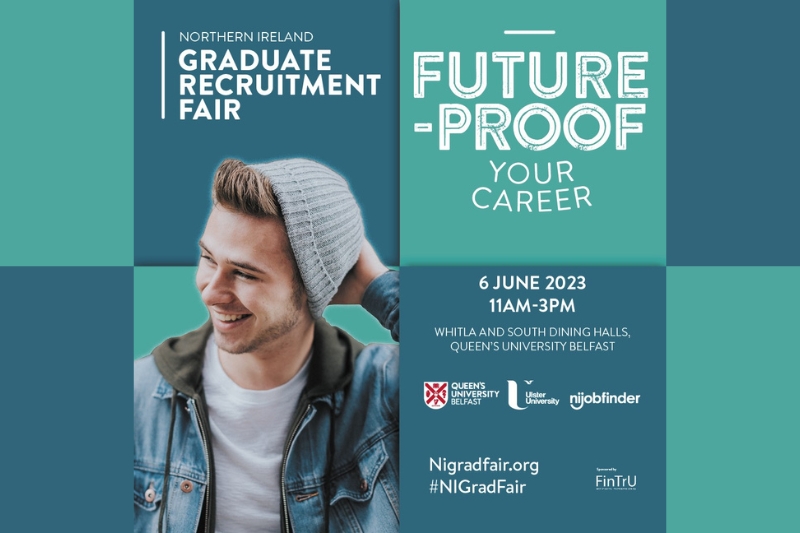 Northern Ireland Graduate Recruitment Fair 2023 - 'Future-proof your career' - image shows smiling male student wearing beanie hat