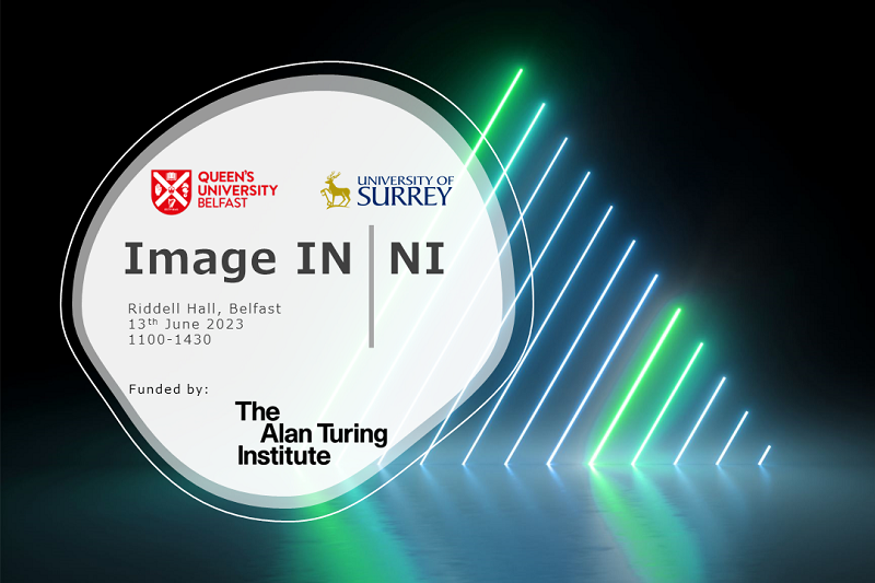 Image in NI - image shows neon strips of light. Logos include QUB, University of Surry and The Alan Turing Institute