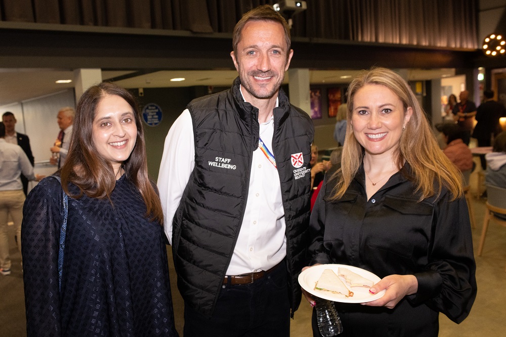 Cate Conway pictured with Conor Curran and guest in the QFT foyer for the Mental Health Awareness Week 2023 panel discussion