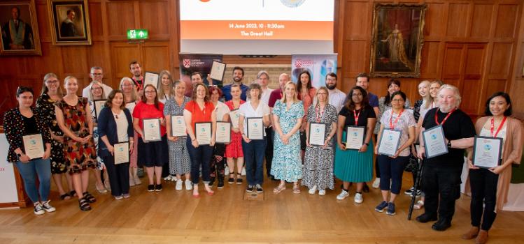 attendees and award winners at the 2023 Laboratory Efficiency Assessment Framework (LEAF) Awards in the Great Hall, Queen's University Belfast