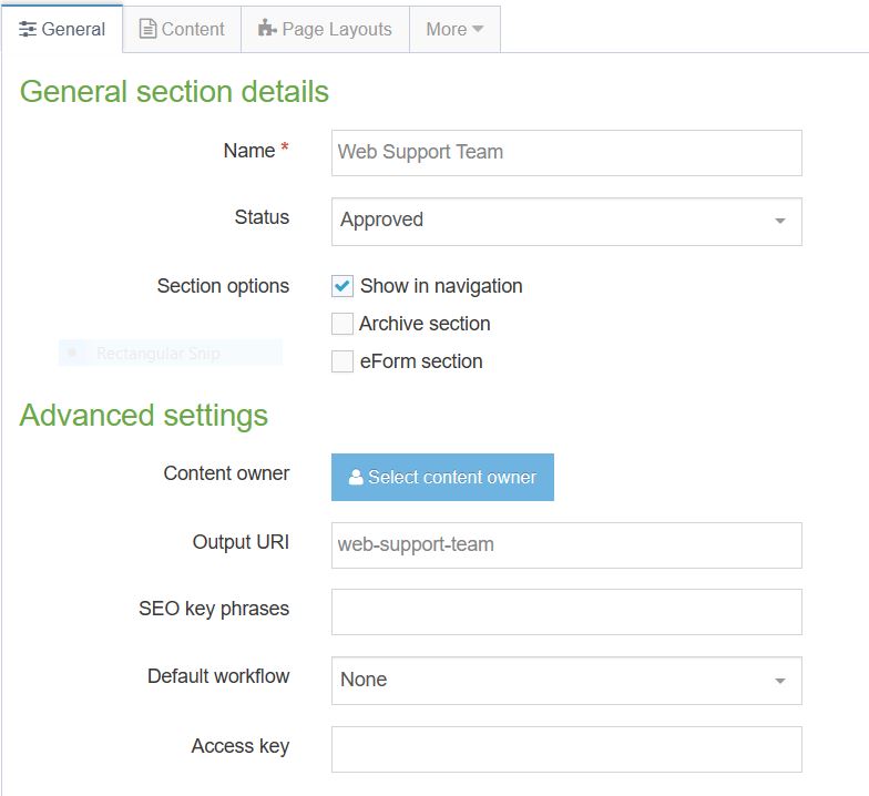 the Output URI field in the Section General Properties tab within the CMS