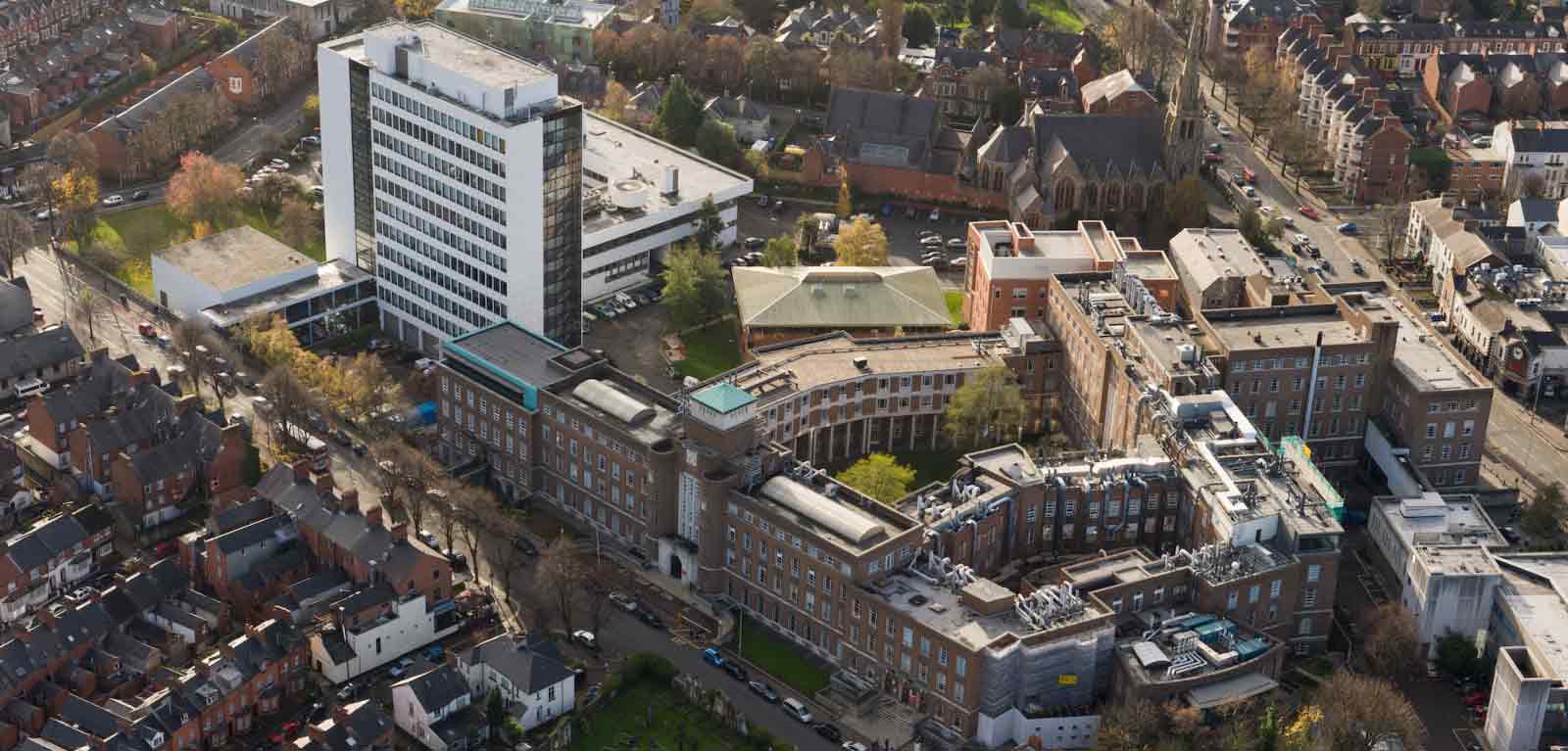 Aerial view of the David Keir Building and the Ashby Building