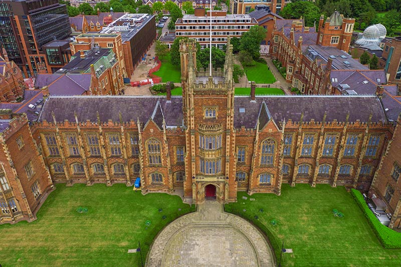 High view of the Lanyon building, including the Quad, the Peter Froggatt centre and the Administration building
