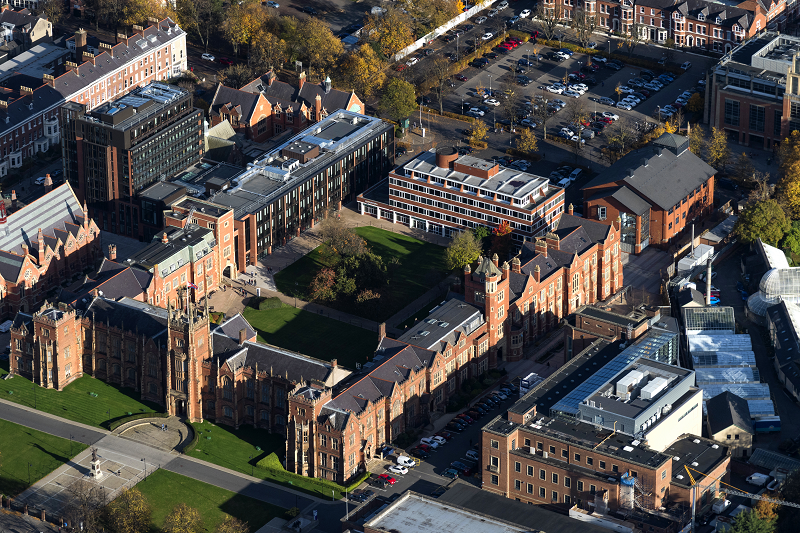 Aerial shot of Queen's University Lanyon Building campus, showing car parking