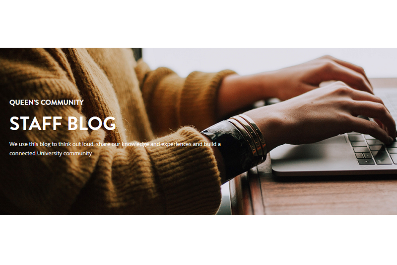 close up of woman using laptop with overlaid text saying Staff Blog 