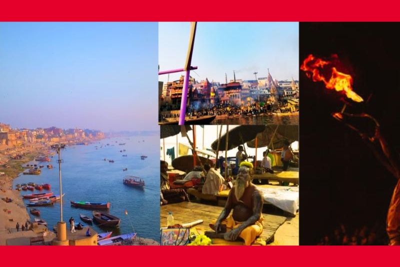 collage of images from India, including a large body of water with boats, and people engaging in water and fire customs