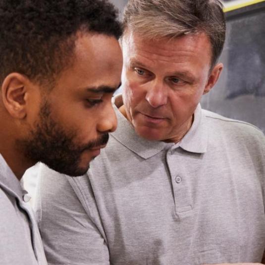 mature man explaining equipment to a younger colleague or visitor