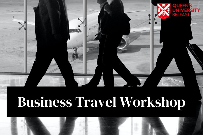 Business Travel Workshop, Wednesday 31 January, 1-2pm, online. Image shows commuters in an airport gangway walking past an airplane in the background.