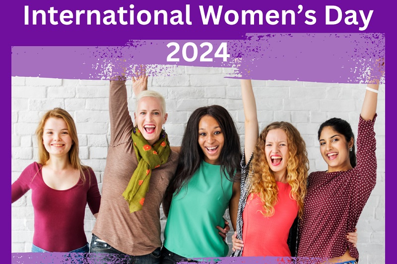 International Women's Day 2024 promo graphic showing five women linked together celebrating with arms in the air