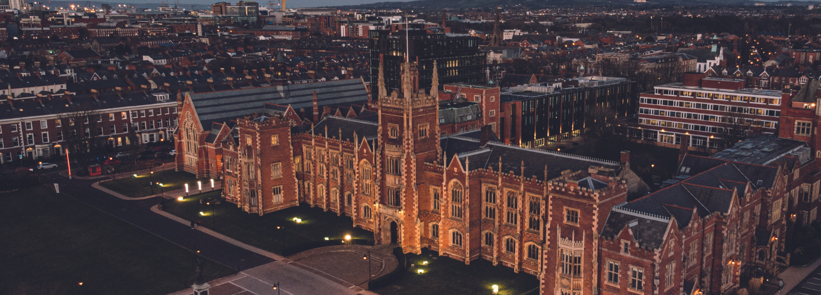 aerial view of Queen's Lanyon Building in the evening