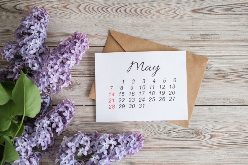 paper calendar for May laid on a table, with a bunch of purple flowers set to the left hand side