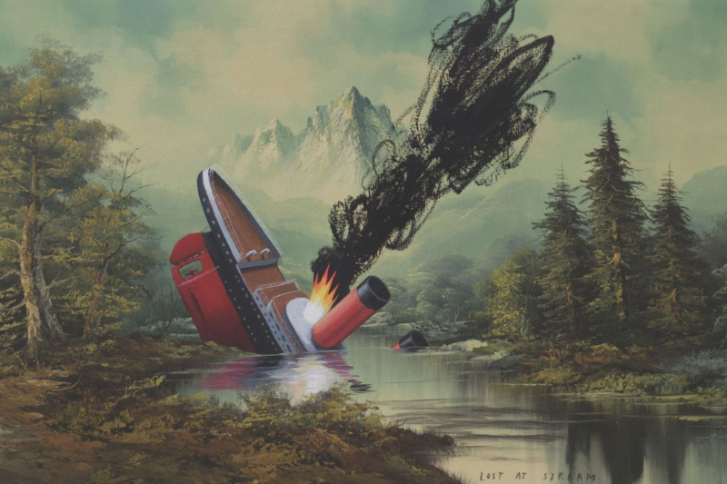 artwork by Oliver Jeffers entitled 'Lost at Stream' showing an old-fashioned passenger ship sinking into a stream in lush countryside
