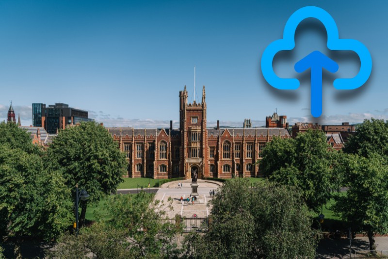 aerial view of Lanyon Building, Queen's University Belfast, with a cloud storage icon superimposed over the top right quarter