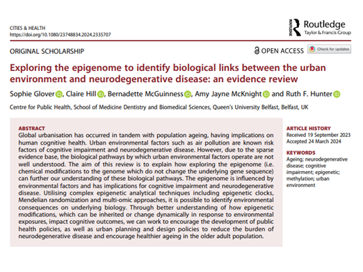 Picture of publication title page: Exploring the epigenome to identify biological links between the urban environment and neurodegenerative disease: an evidence review
