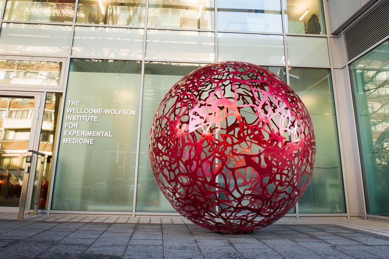 entrance of the Wellcome-Wolfson Institute for Experimental Medicine (WWIEM) at Queen's, showing sculpture by Richard Walker